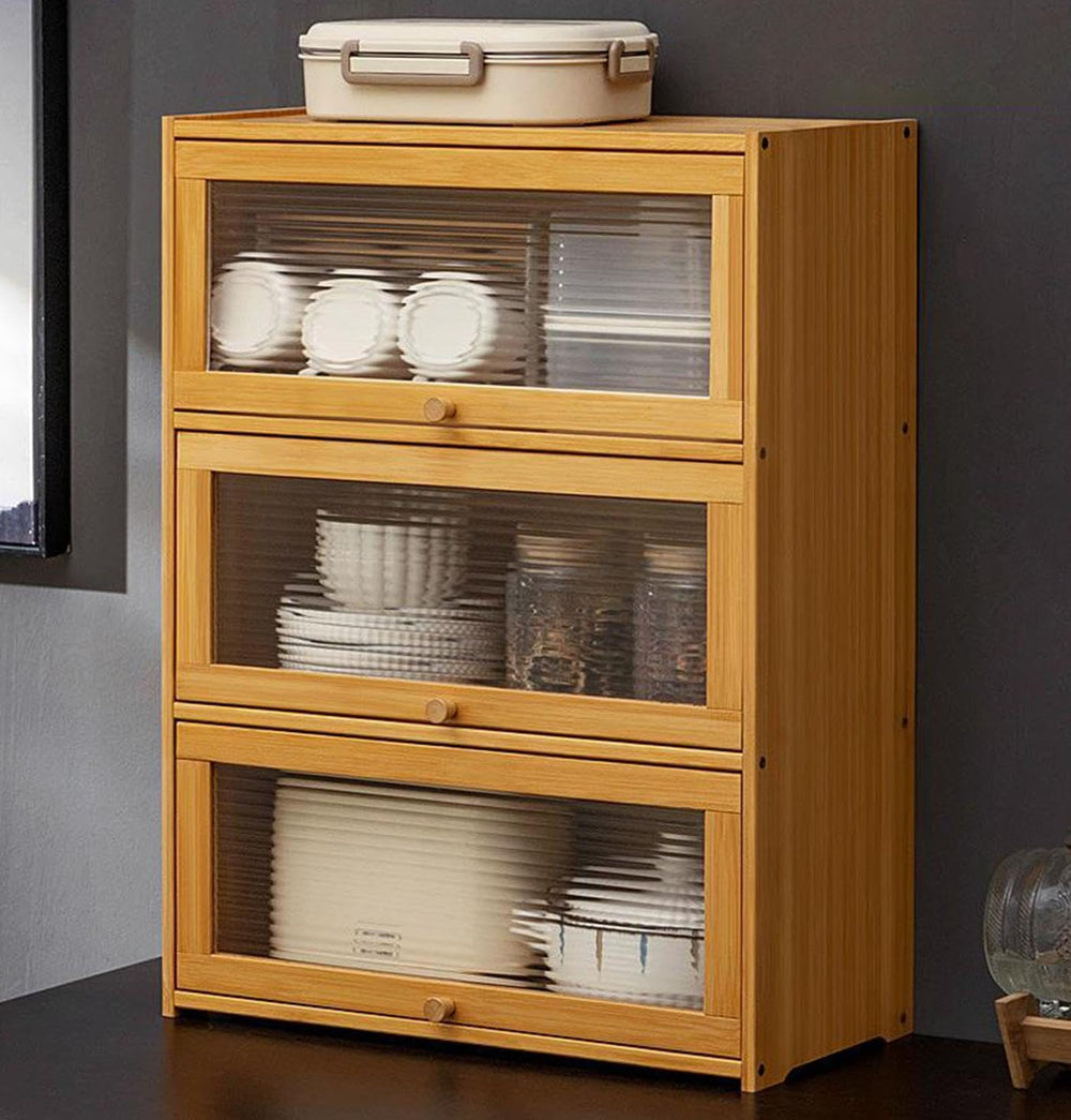 3 Tiers Bamboo Storage Cabinet, Wood Sideboard with Acrylic Doors Modern Kitc...