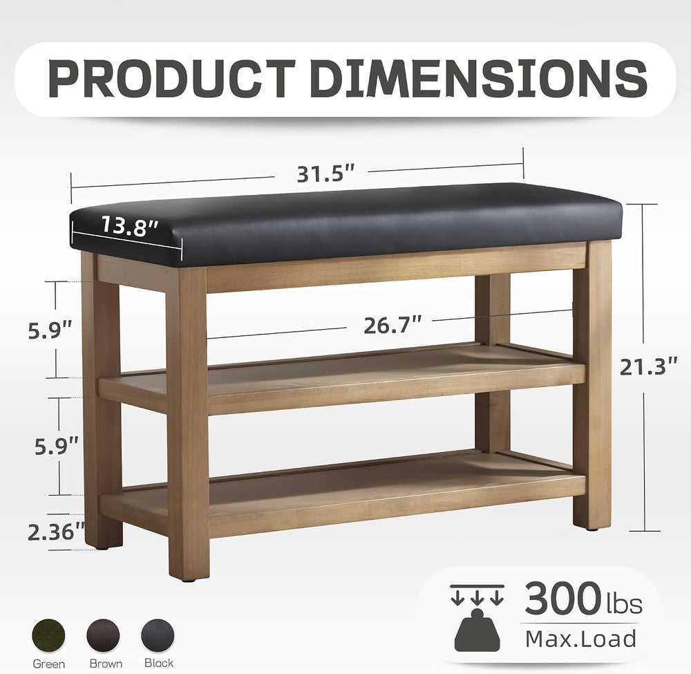 Zihanhome Shoe Rack Bench with Leather Cushion, 2 Tier Solid Wood Storage Ben...