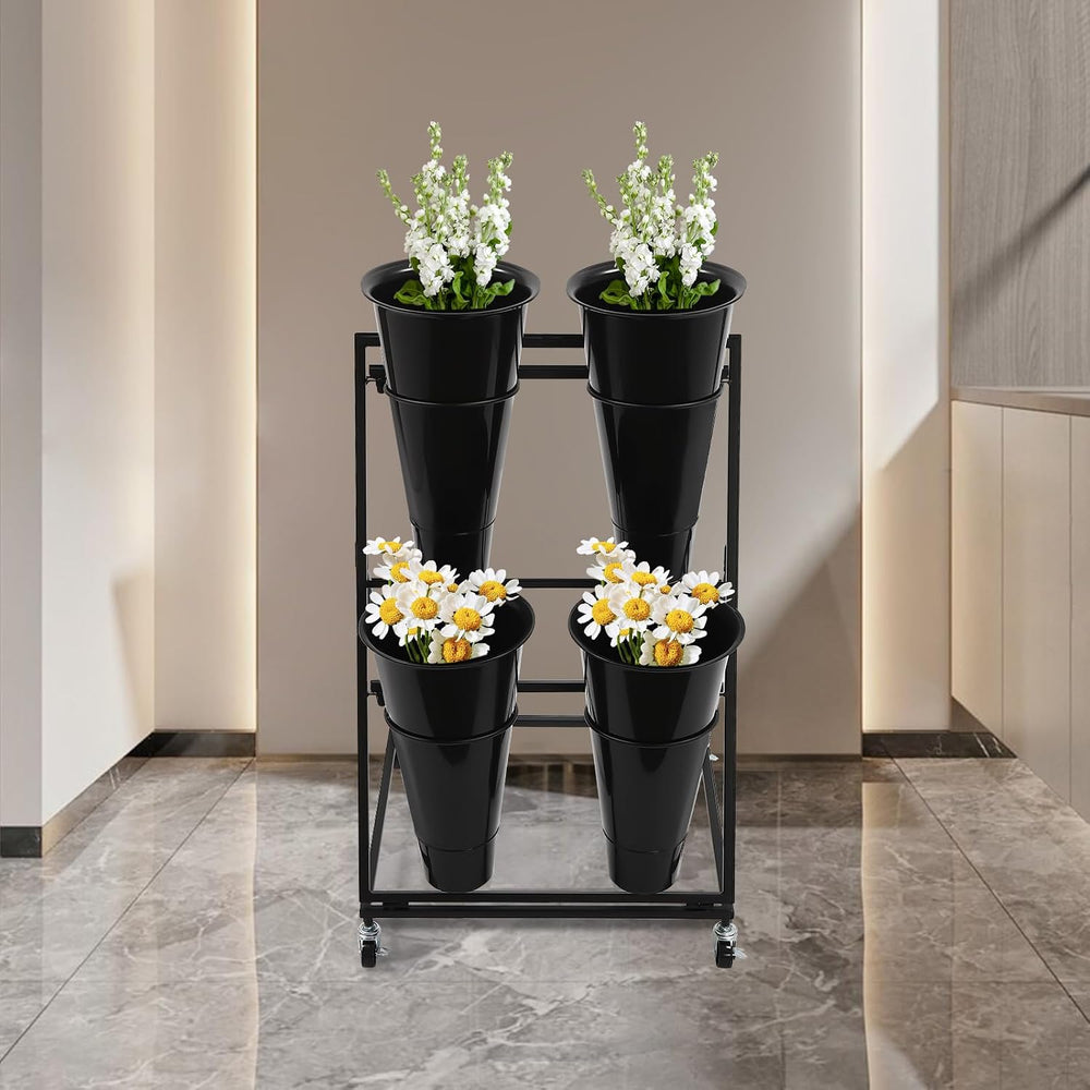 Flower Display Stand with 4PCS Round Buckets 2 Tiers Metal Mobile Florist Bou...