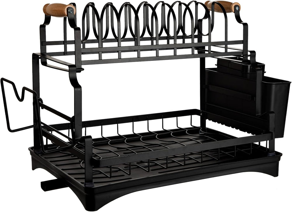 Briful 2 Tier Dish Drying Rack with Drainboard for Kitchen Counter, Black