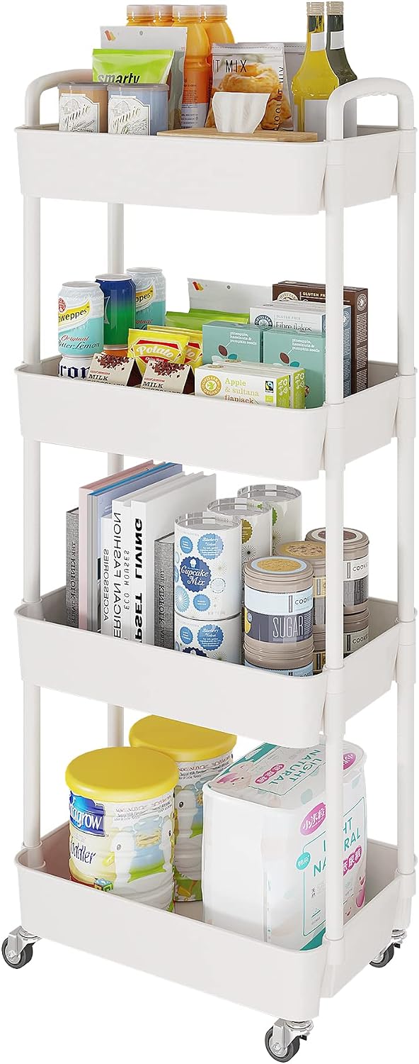 4 Tier Rolling Cart with Wheels, Utility Storage Carts,White