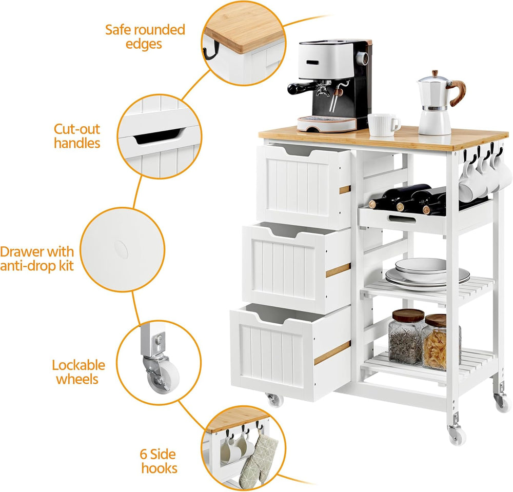 Yaheetech Kitchen Island Cart on Wheels with 3 Drawers and 3 Shelves, White
