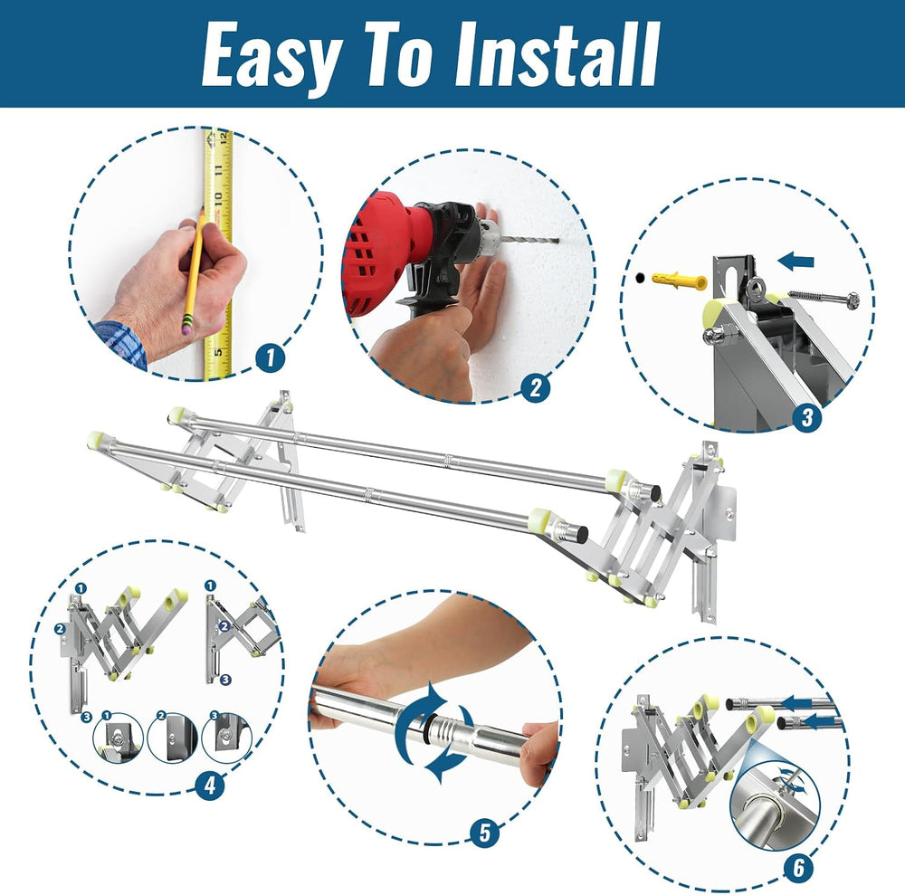 Foldable Wall Mounted Clothes Rack- Double 44'' Long Rod & 2 Thic...