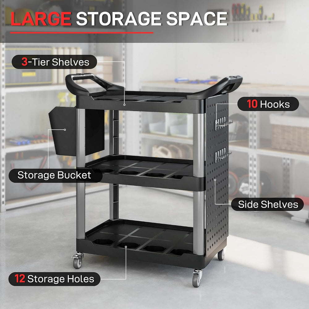 HOMCOM 3 Tier Utility Cart on Wheels with Pegboards, Black and Light Gray