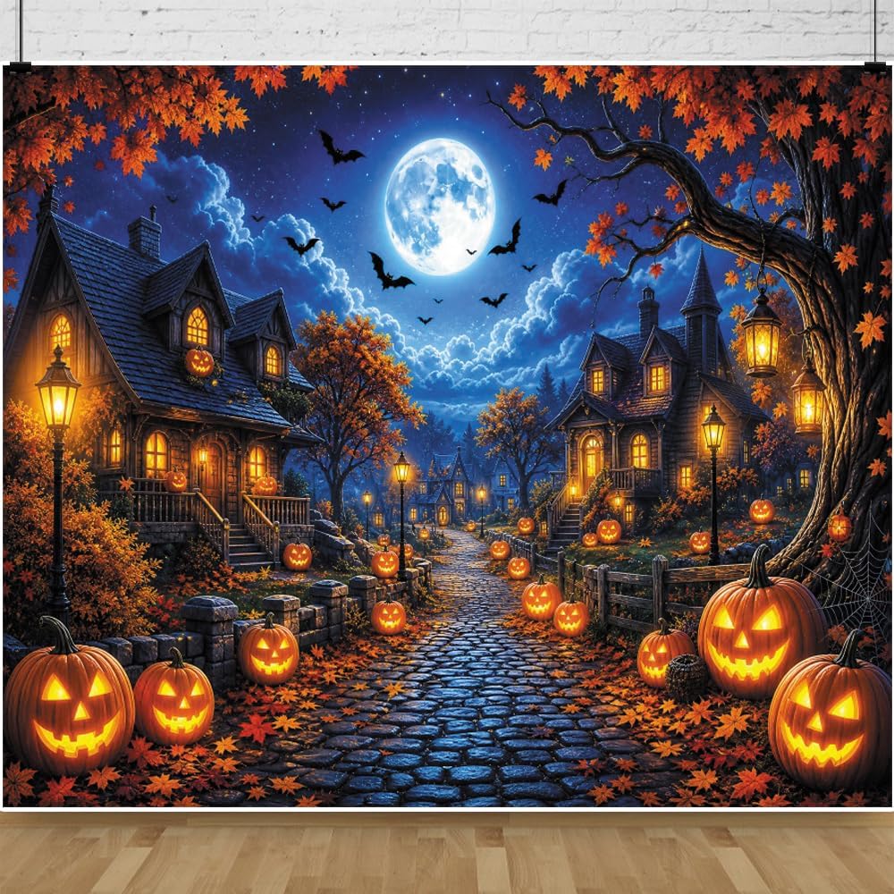 Happy Halloween Backdrop 10x8ft Full Moon Night Scary Street Background