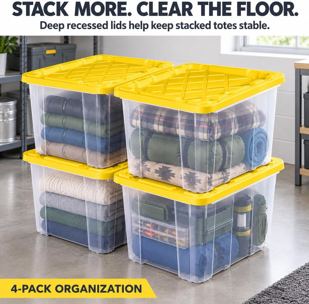 27 Gallon Clear Plastic Industrial Storage Tote, Snap Lid, Yellow, 4 Pack