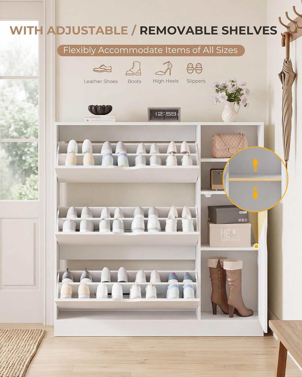 GRUSIGN Shoe Cabinet for Entryway with 3 Flip Drawers, Narrow Shoe Storage Ca...
