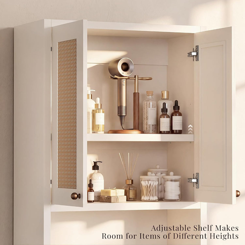 Over the Toilet Storage Cabinet with Rattan Door & Adjustable Shelf, White