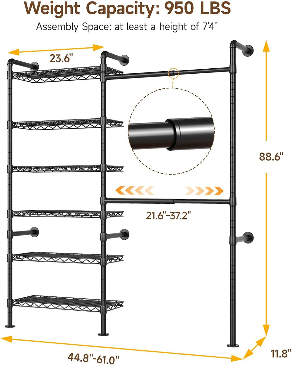 H2 Wall Mounted Clothing Rack, Expandable Industrial Pipe Clothes Rack Garmen...