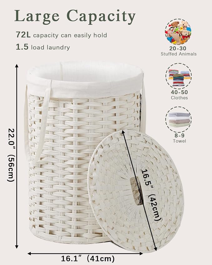 Laundry Hamper with Lid Laundry Basket with Lid 19.0 Gal Round Wicker Laundry