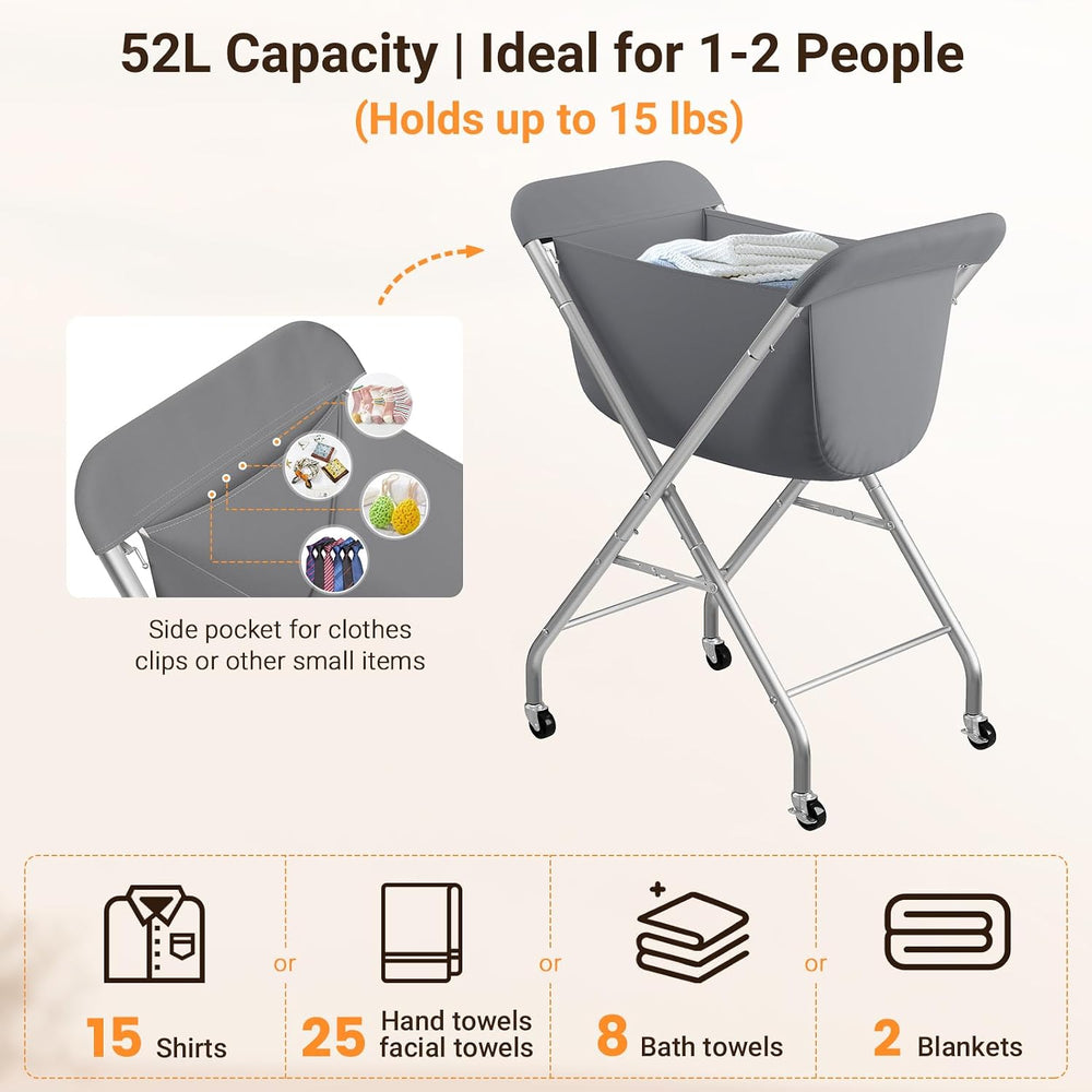 ELYKEN Laundry Basket with Wheels, Collapsible Laundry Hamper, Gray