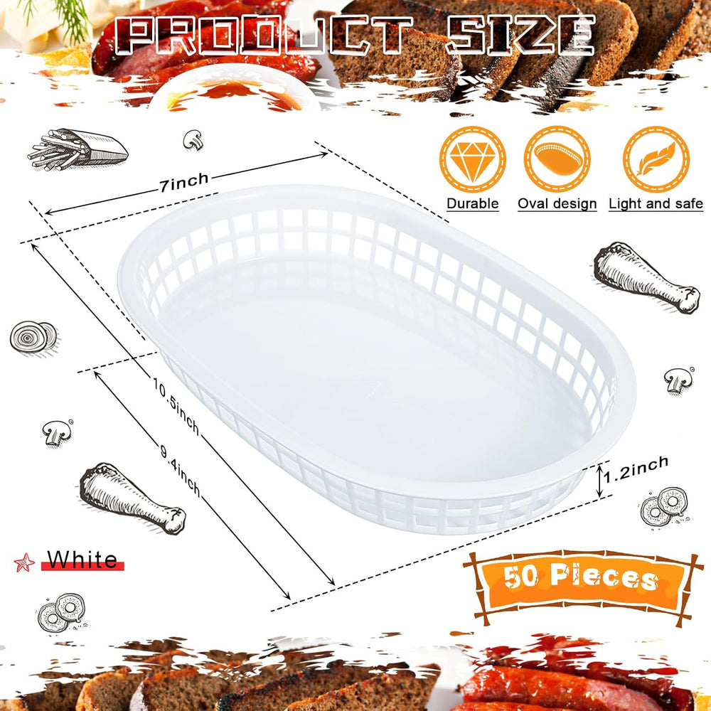 Hsei 50 Pack White Food Baskets, 10.5 x 7 Inch Plastic Fast Food Basket