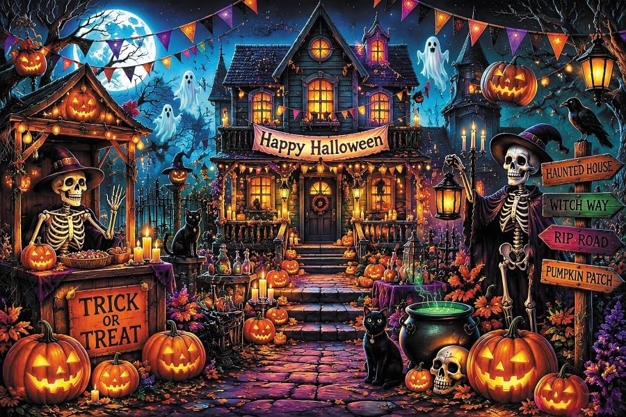 10x8ft Halloween Spooky Skeleton Ghost Photography Backdrop, Horror Castle Sc...