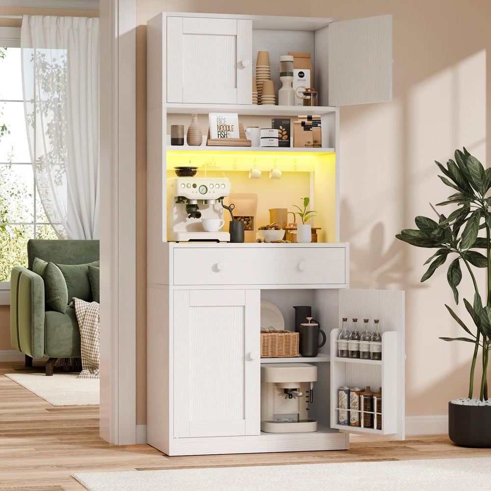 71" Tall Kitchen Pantry Cabinet with Microwave Countertop, LED Lights White