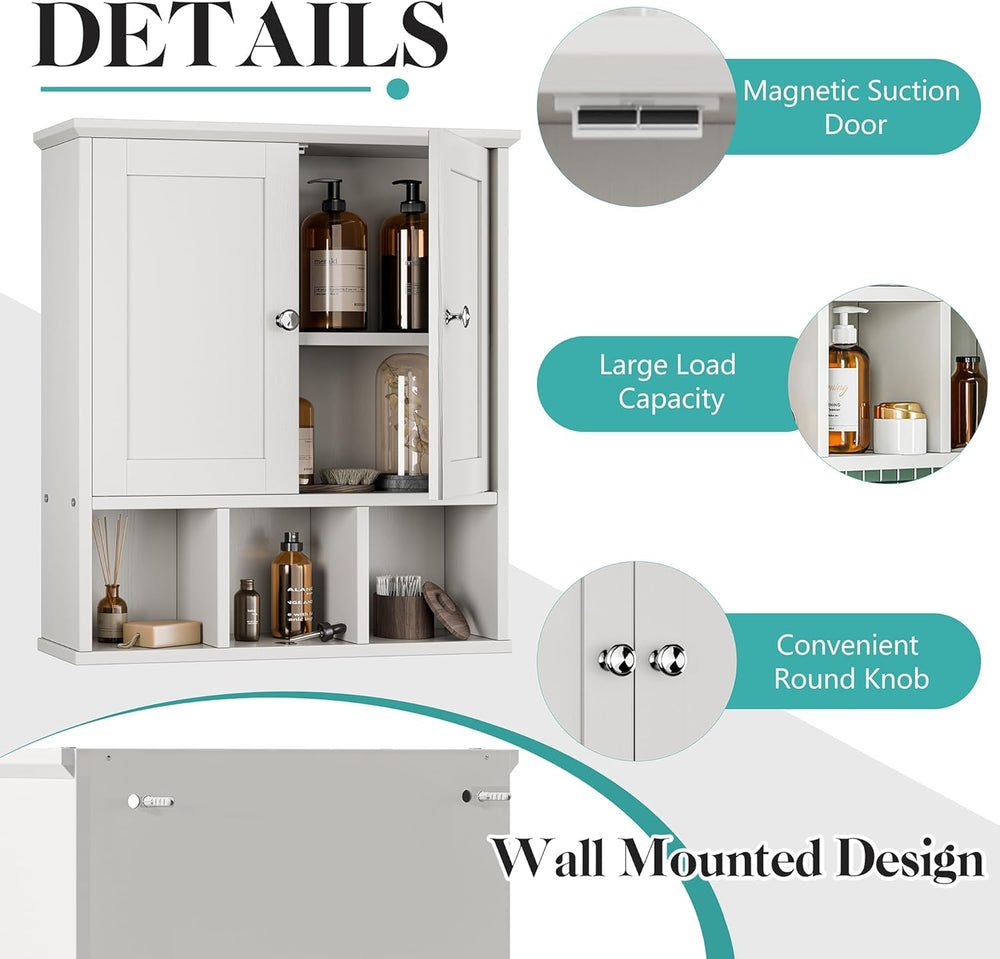 Bathroom Wall Cabinet, Bathroom Cabinet Wall Mount with 2 Doors and 3 Open Sh...
