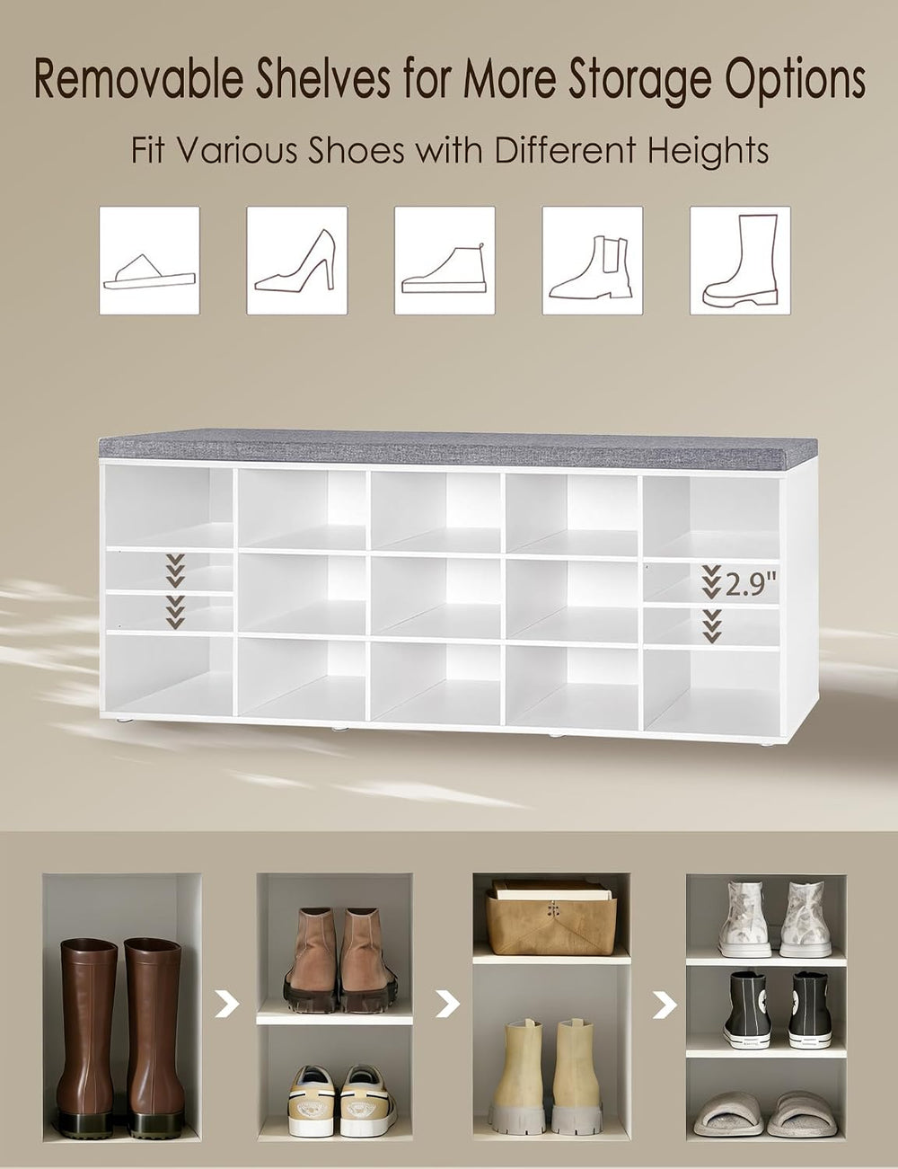 DINZI LVJ Shoe Storage Bench with Cushion, 15-Cubby Shoe Rack with Seat