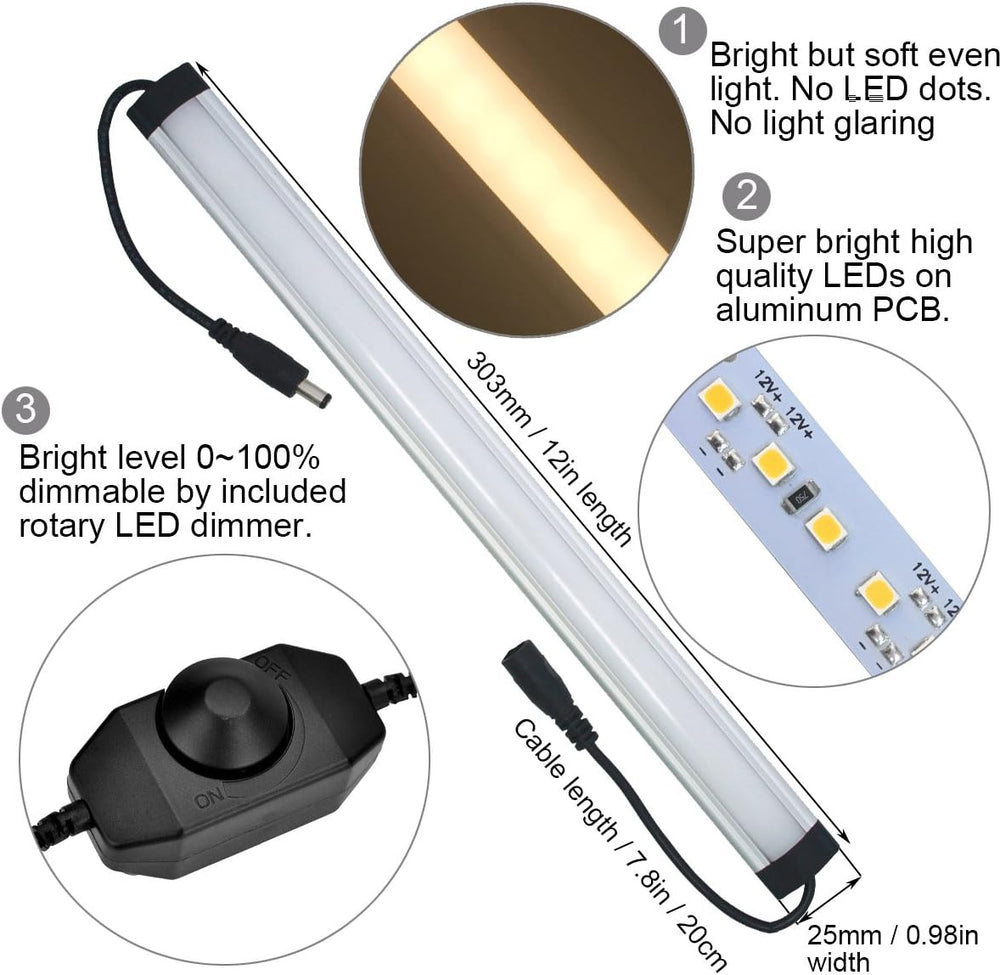 Litever Under Cabinet Light Kit Plug in, 3 LED Light Bars 20W Dimmable