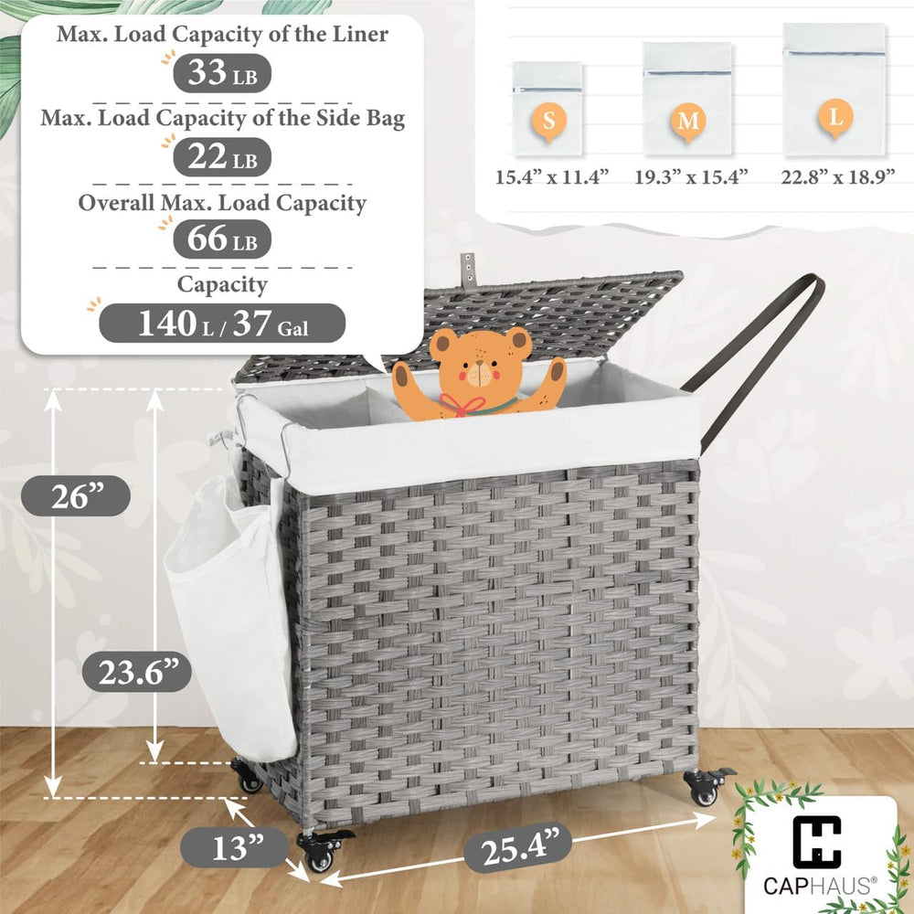 CAPHAUS Laundry Basket w/Wheels, Synthetic Rattan Laundry Hamper w/Lid, Remov...