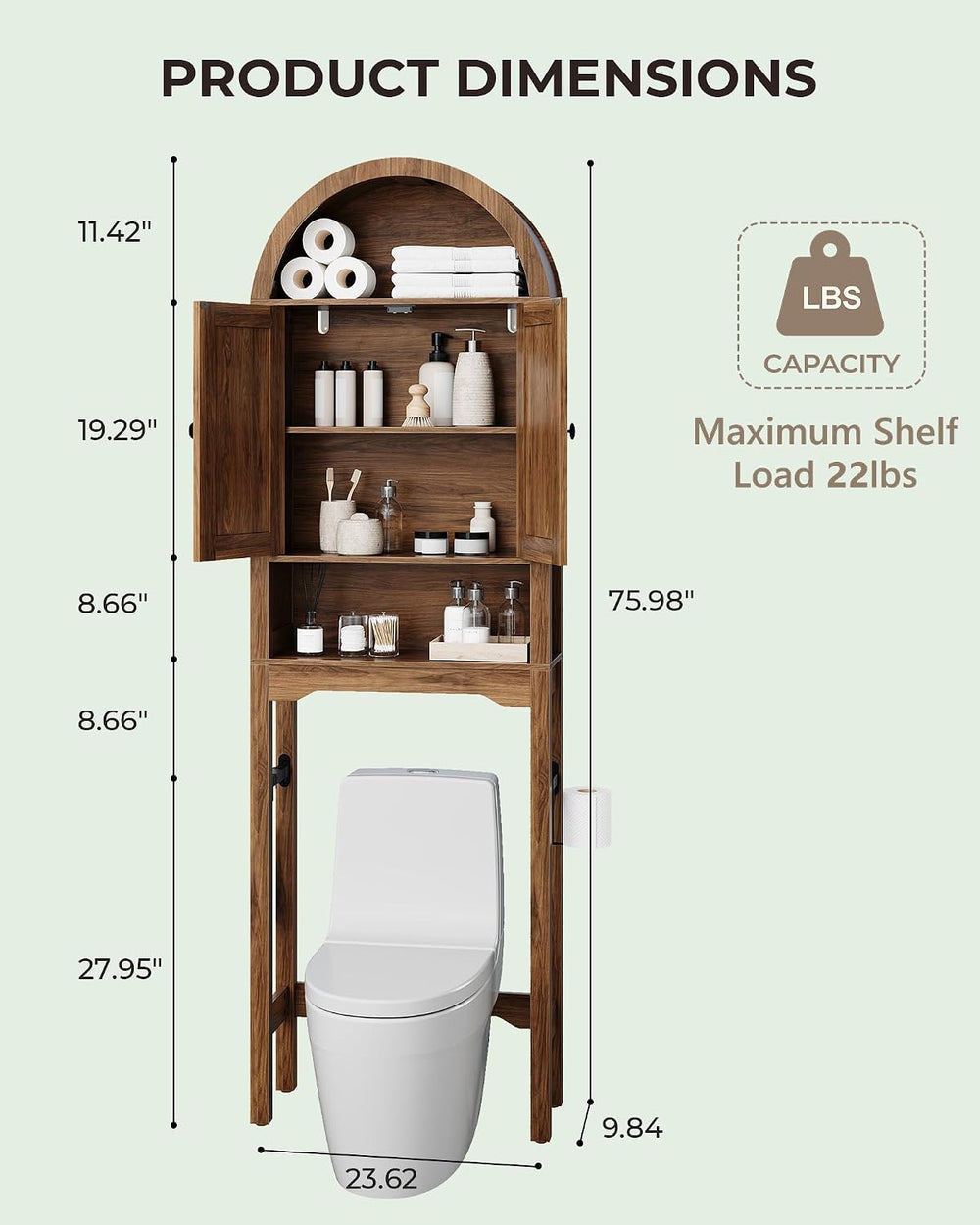 Arched Over the Toilet Storage Cabinet with Fluted Doors, Wood, Walnut