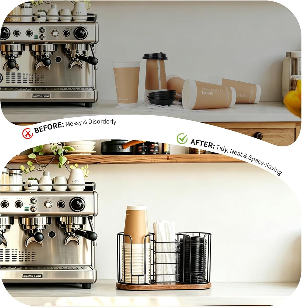 Coffee Cup Holder, 3-in-1 Disposable Cup, Straw & Lid Organizer