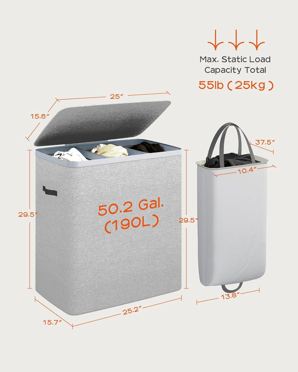 CASAMAYA Laundry Basket with Lid, Laundry Hamper 3 Section, 190L collapsible ...