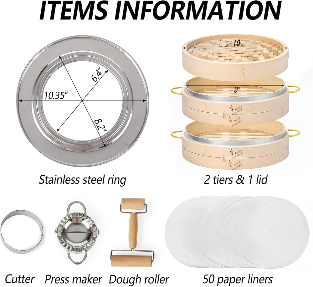 MacaRio 10 Inch Bamboo Steamer Basket Dumpling Make Set with Ring Adapter