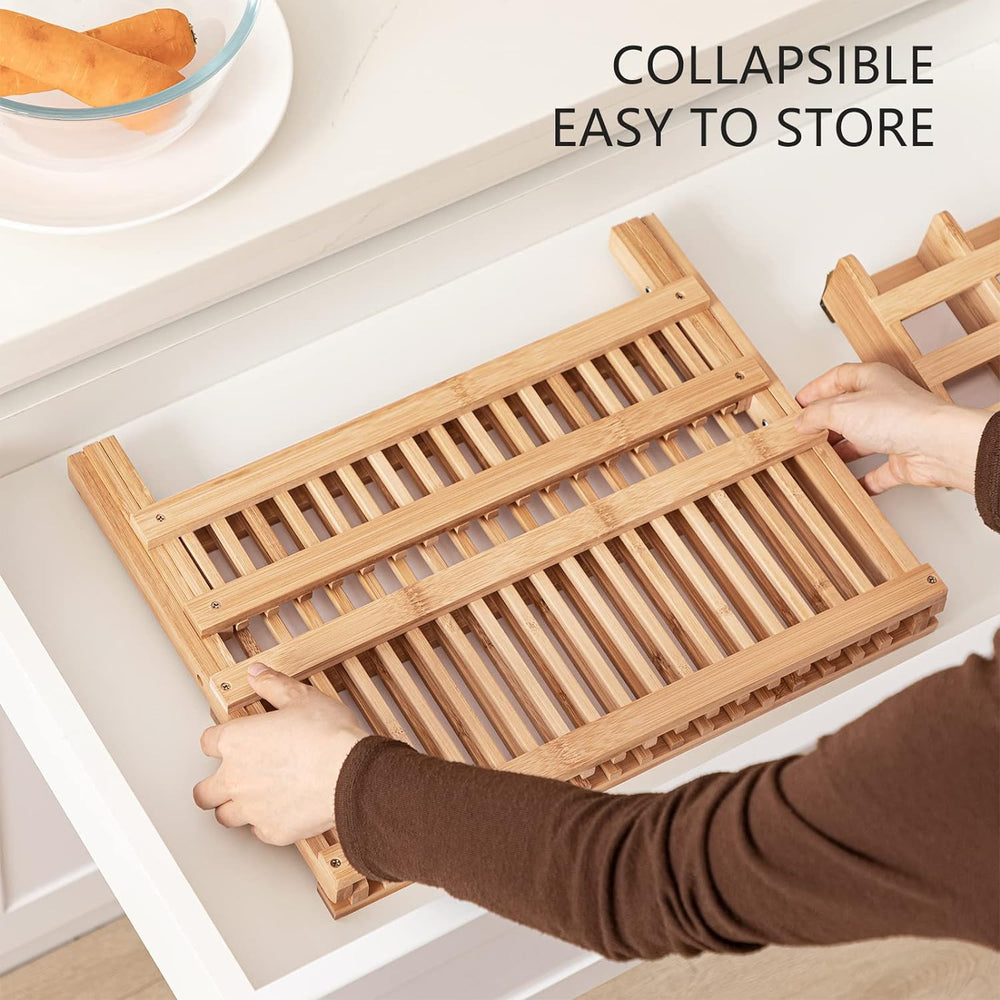HBlife Dish Rack, Bamboo Folding 2-Tier Collapsible Drainer Dish Drying Rack ...