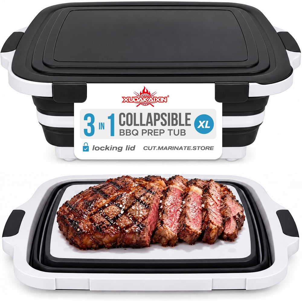 XL Collapsible BBQ Prep Tub with Lid, Portable Meat Marinating Container