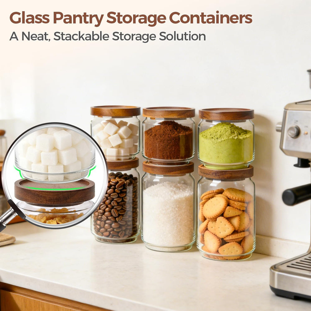 ComSaf Glass Pantry Storage Container with Acacia Wood Lids 1.1/0.5Qt 6Pack