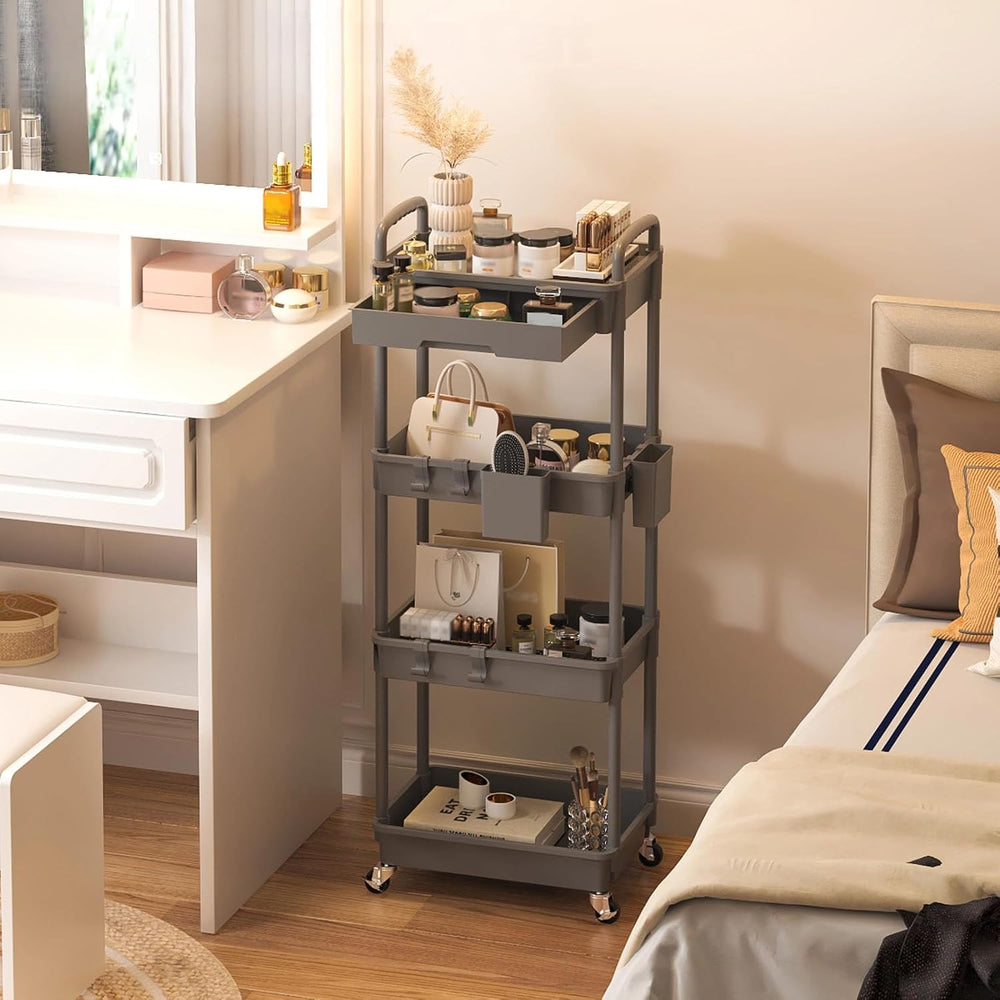 4 Tier Rolling Utility Cart with Drawer, Plastic Storage Organizer Rolling Ca...