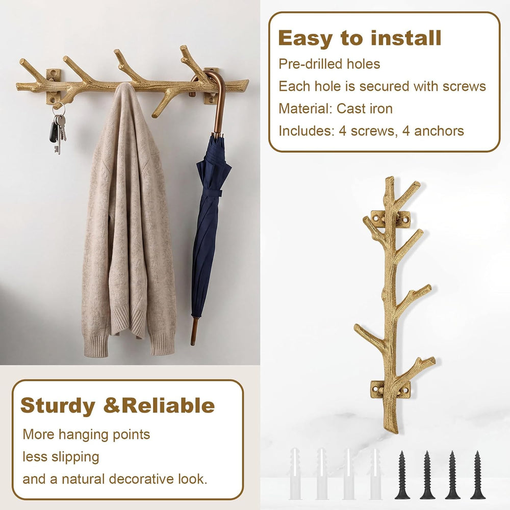 12" Cast Iron Tree Branch Vertical Coat Hat Rack Wall Mount Heavy Duty D...