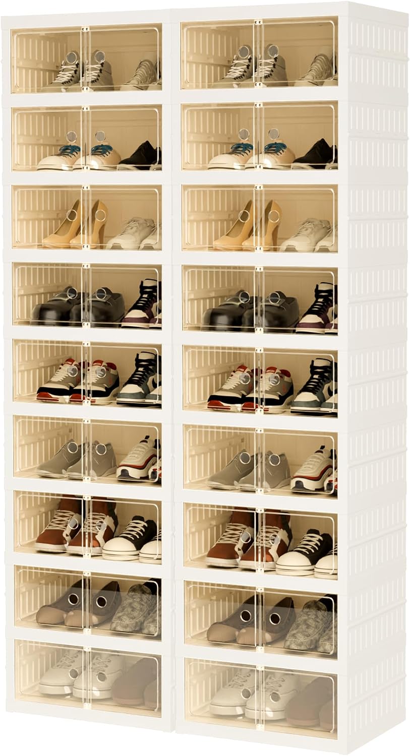 Foldable Shoe Organizer Storage Box Set of 2, Portable Extra Large Folding Sh...