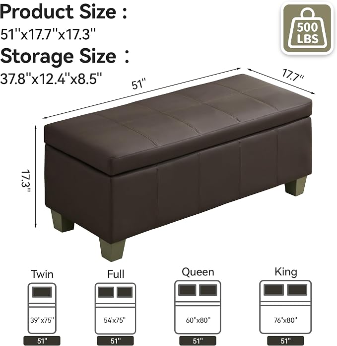 51" Faux Leather Storage Ottoman, Stitch Tufted Rectangle Upholstered En...