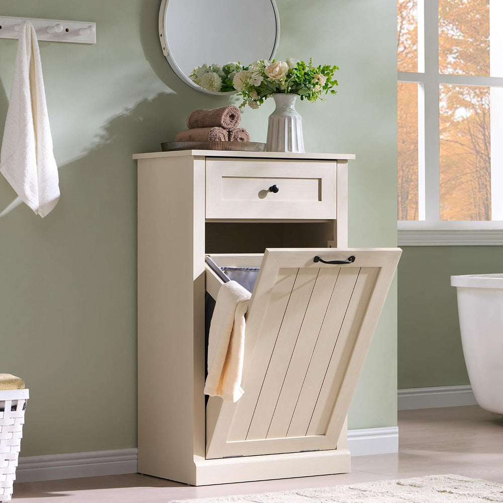 IFBUY Tilt Out Laundry Hamper Cabinet, Trash Can Cabinet, Cream