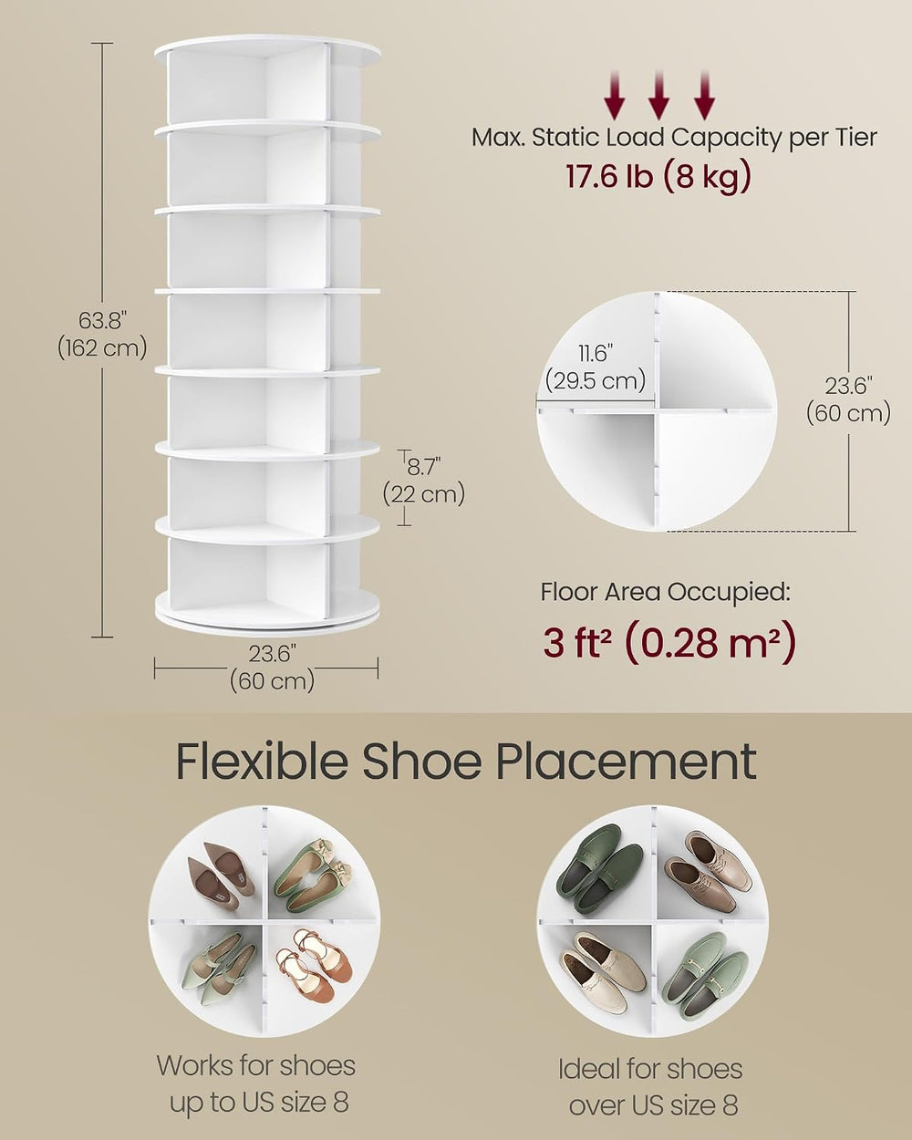 VASAGLE 7-Tier Rotating Shoe Rack Tower, Free Standing