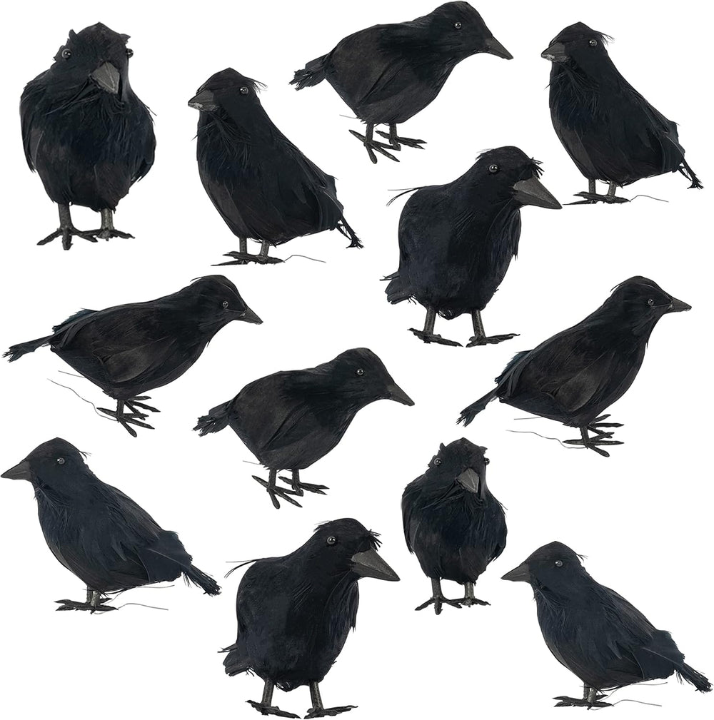 FUNPENY Halloween Black Feathered Crows, Lifelik Halloween Decoration Birds w...