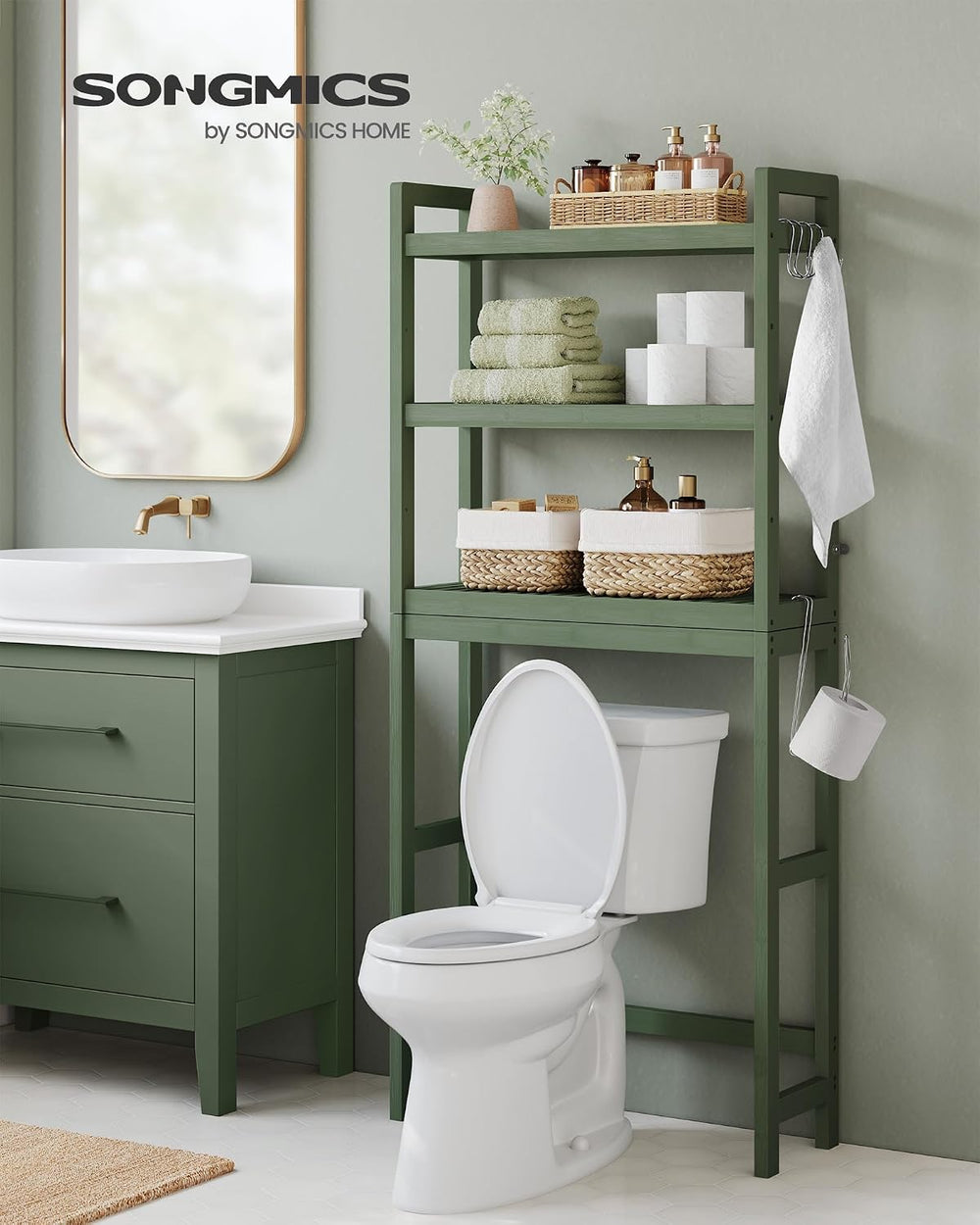 SONGMICS 3-Tier Bamboo Over The Toilet Storage, Adjustable Shelf, 66.9'&#...