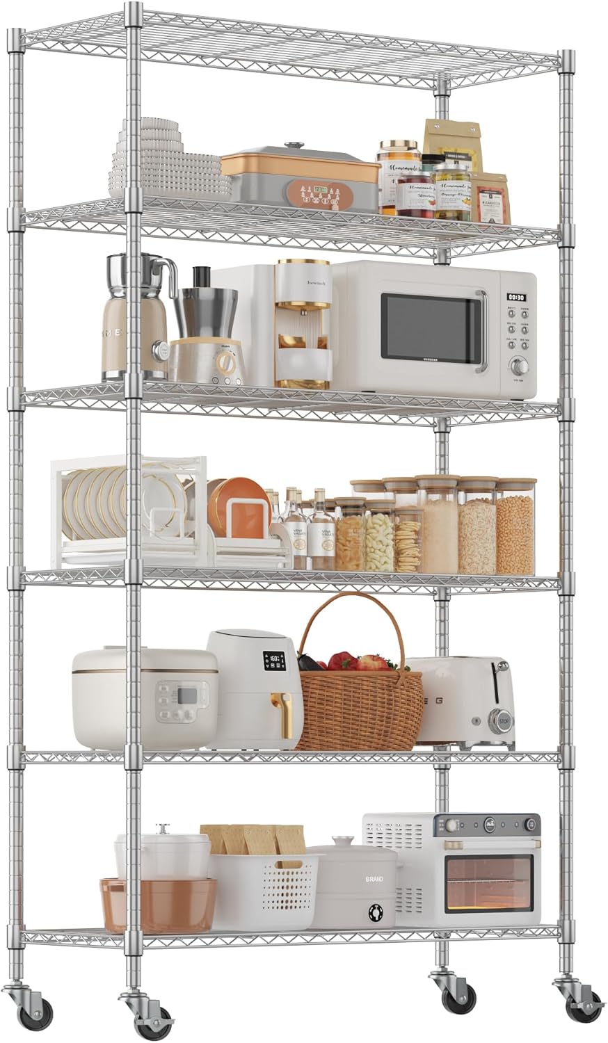 Homdox 6-Tier Wire Shelving Unit with Wheels, Adjustable Metal Storage Shelve...