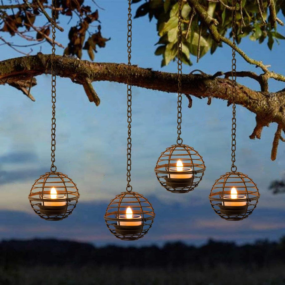 Solar Hanging Lanterns Outdoor Waterproof, Rust Iron Ball Candle Holder with ...