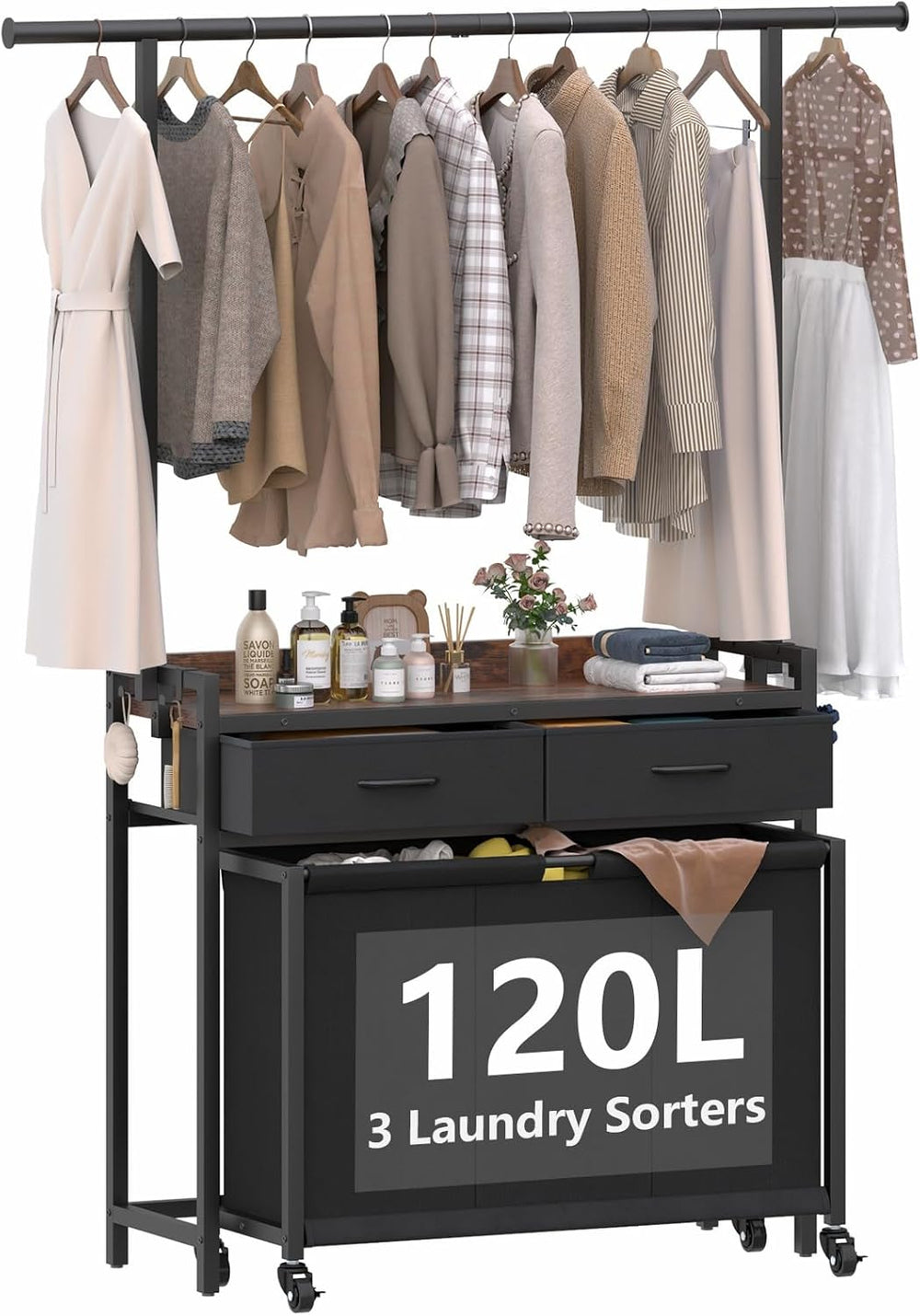 STIKELY Laundry Sorter Hamper with Hanging Cloth Rack, Laundry Basket with 3 ...