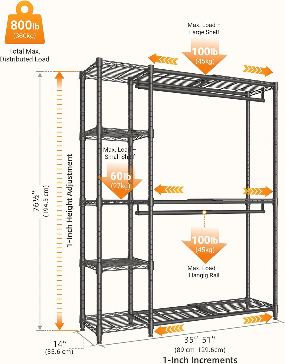 Expandable Clothes Rack with Shelves for Heavy Duty Closet Organizer System