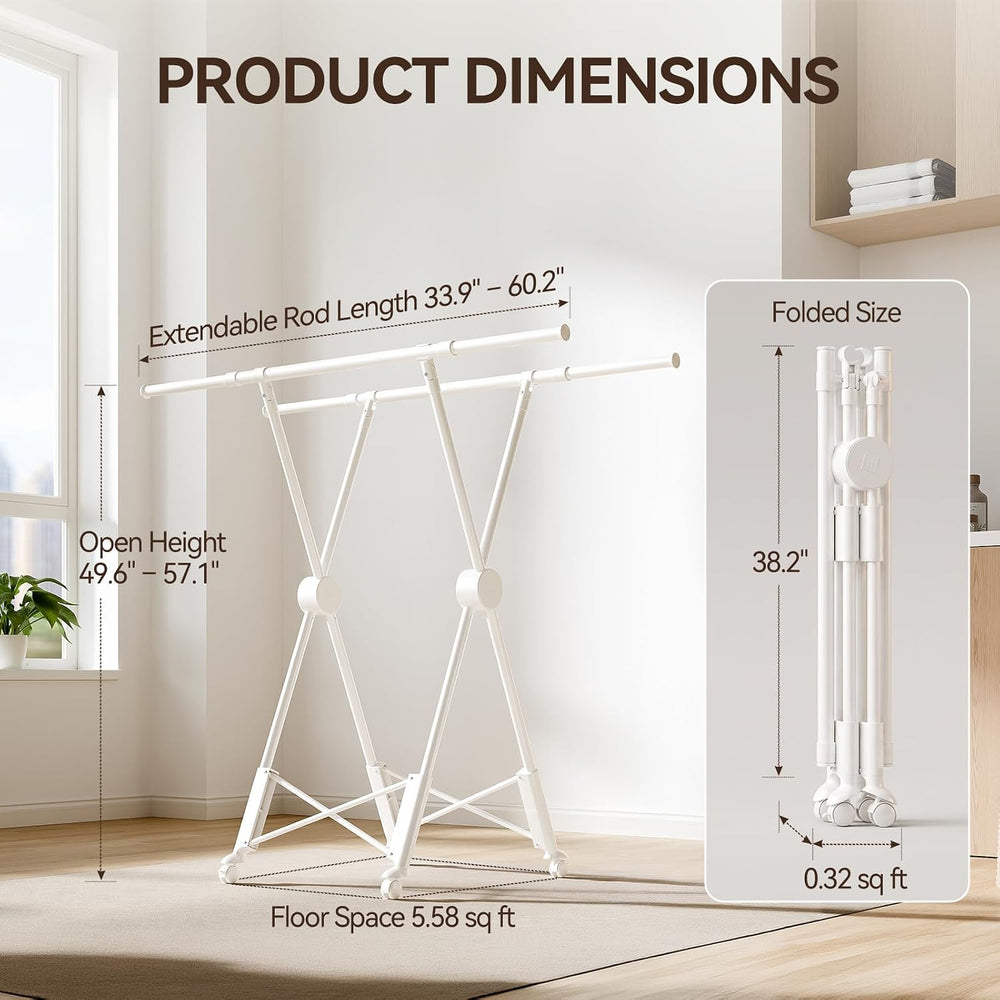 SUJI Clothes Drying Rack , Dual Rod with Wheels, Cream White Foldable