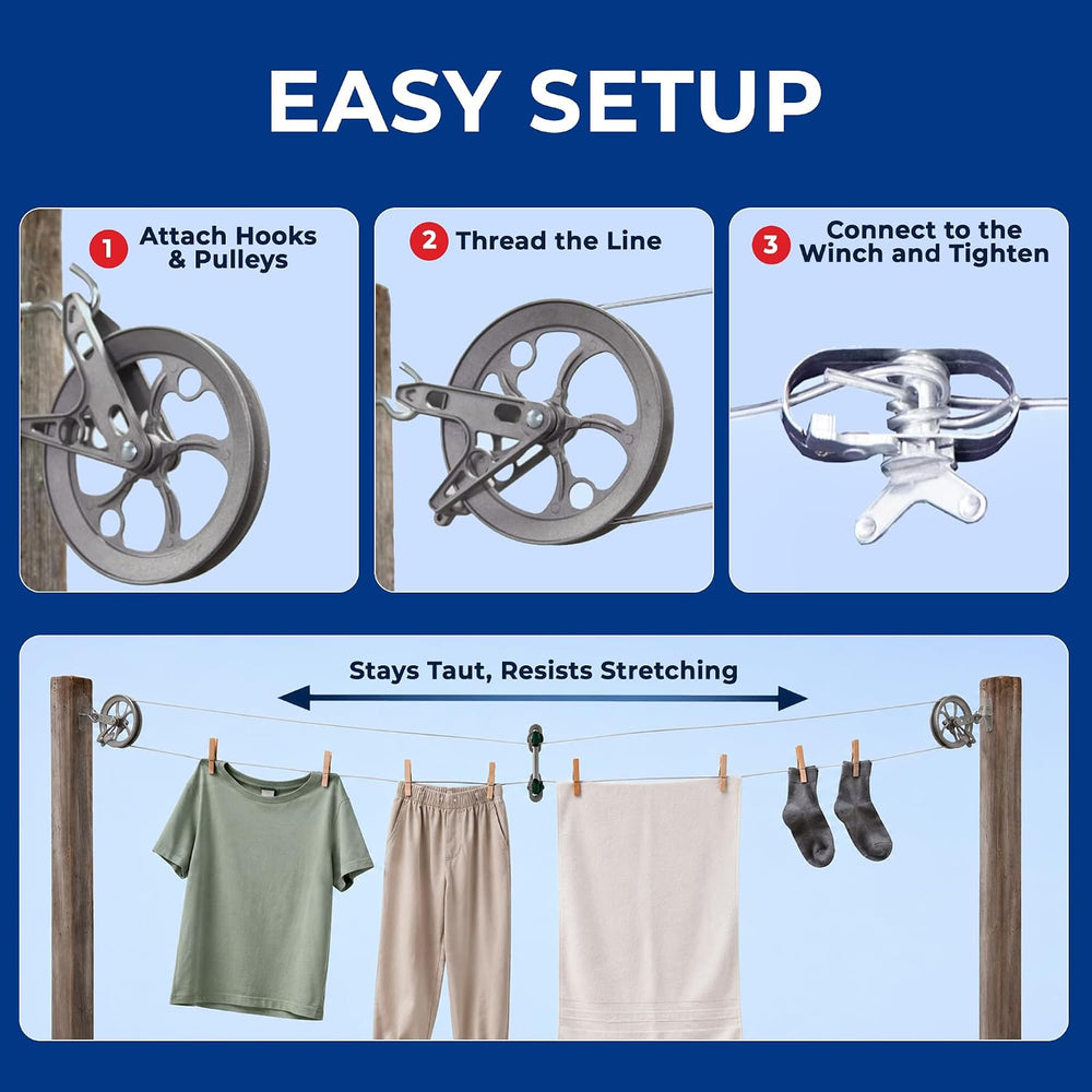 STRATA Heavy-Duty Clothesline Kit, 150 ft Steel Cable, Gold & Silver