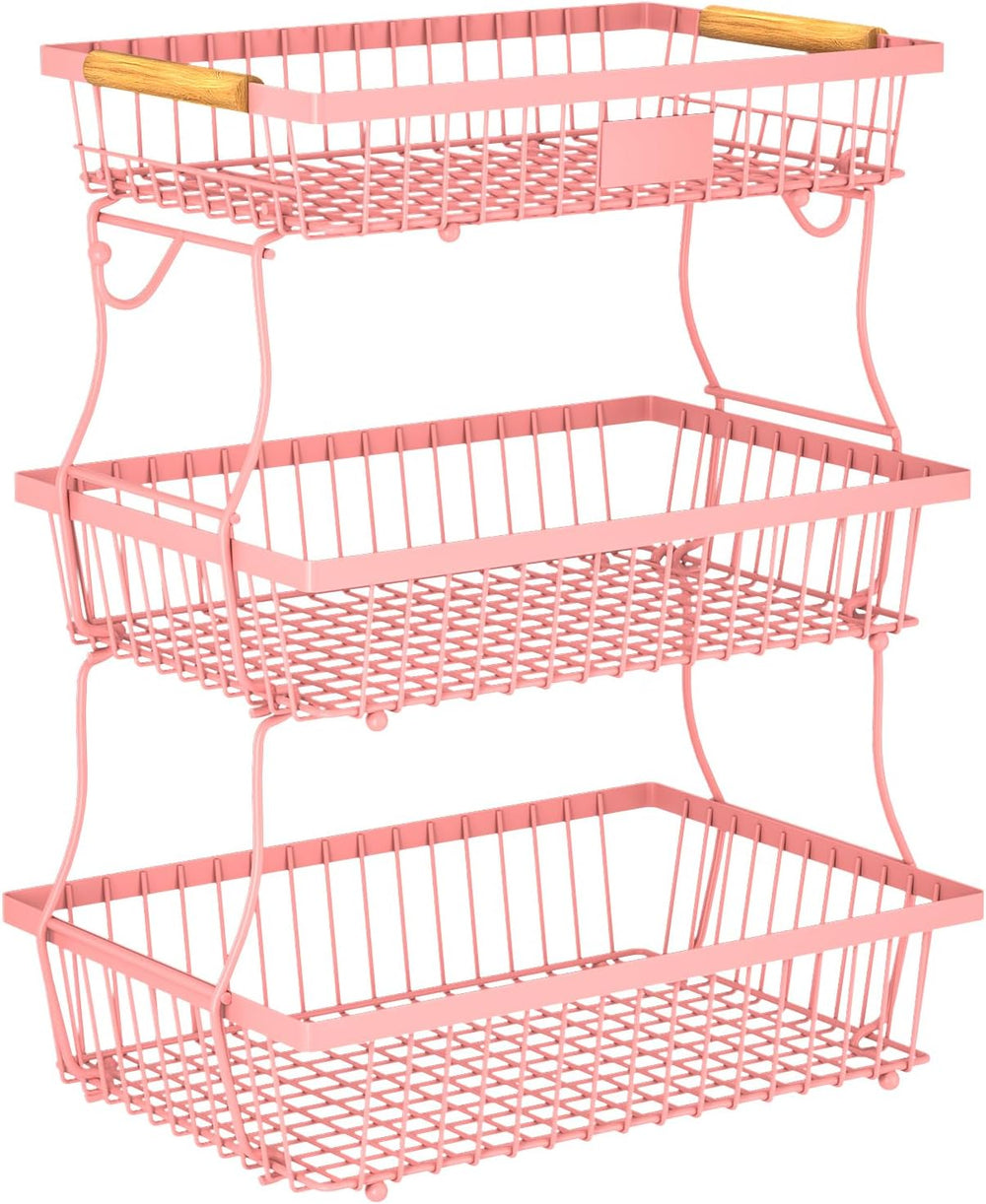 3 Tier Fruit Basket for Kitchen Counter with 2 Banana Hangers, Countertop Met...