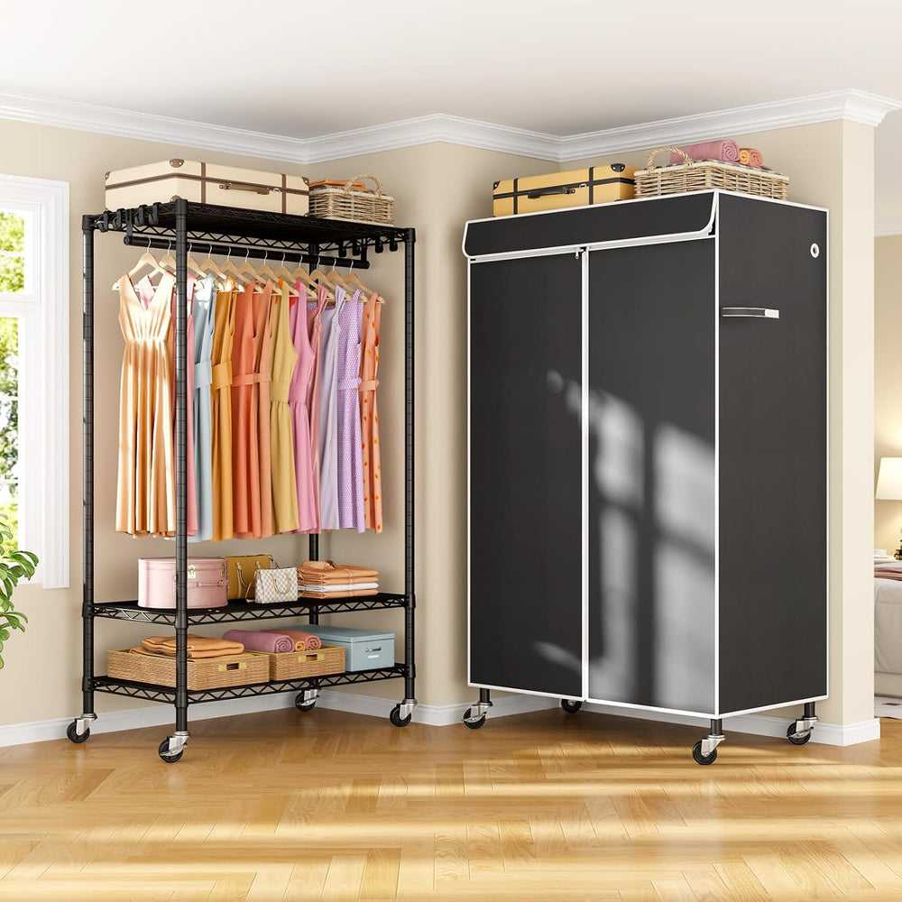 ULIFHOME P6C Rolling Clothes Rack with Cover, 3-Tier Covered Clothing Rack