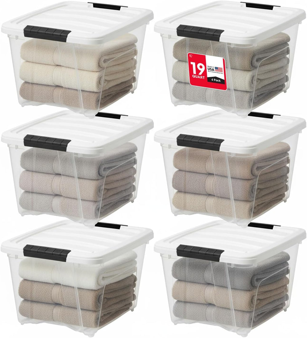 IRIS USA 19 Qt Storage Bins with Lids, 6 Pack, BPA-Free, Clear/White