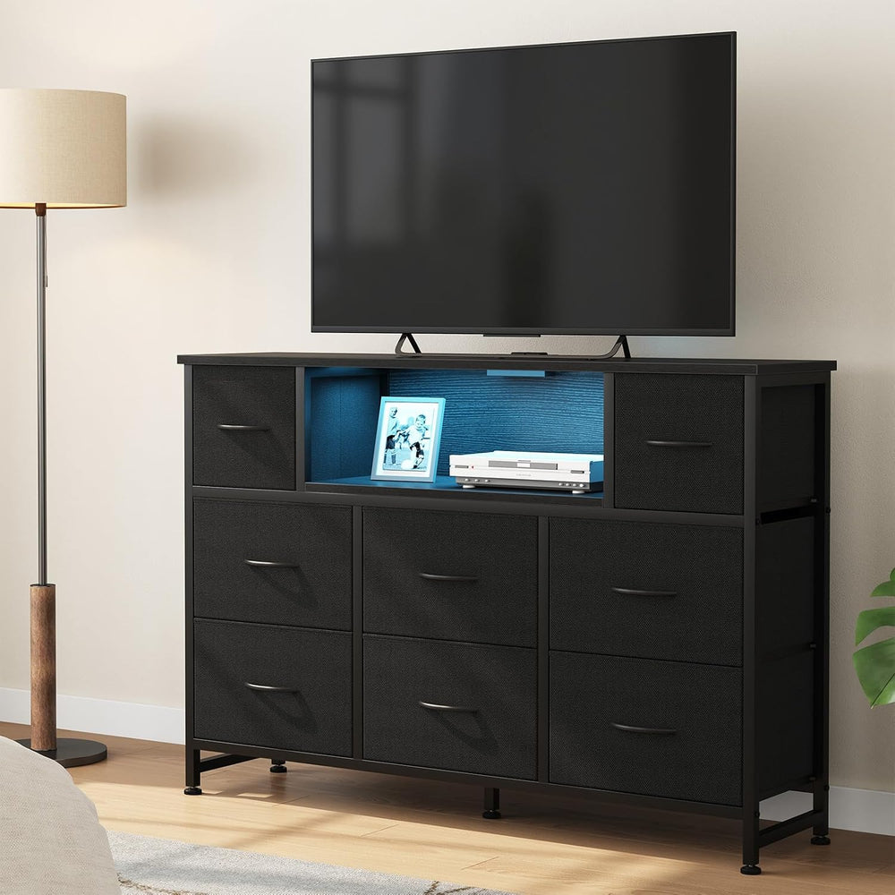 DUMOS LED TV Stand Entertainment Center, Dresser with 8 Fabric Drawers