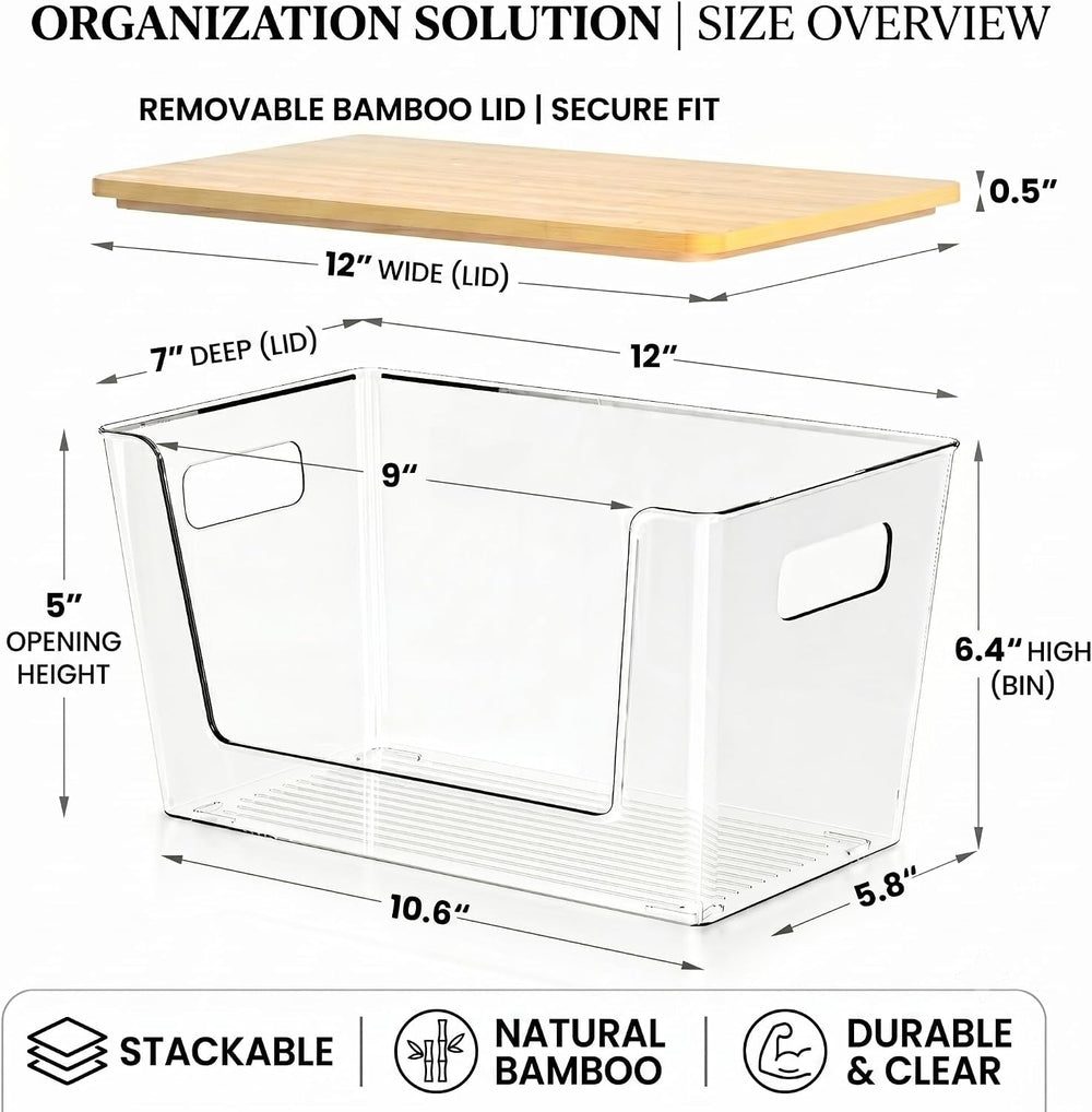 6 Pack Clear Stackable Storage Bins with Bamboo Lids, Trash Bag Holder Dispen...