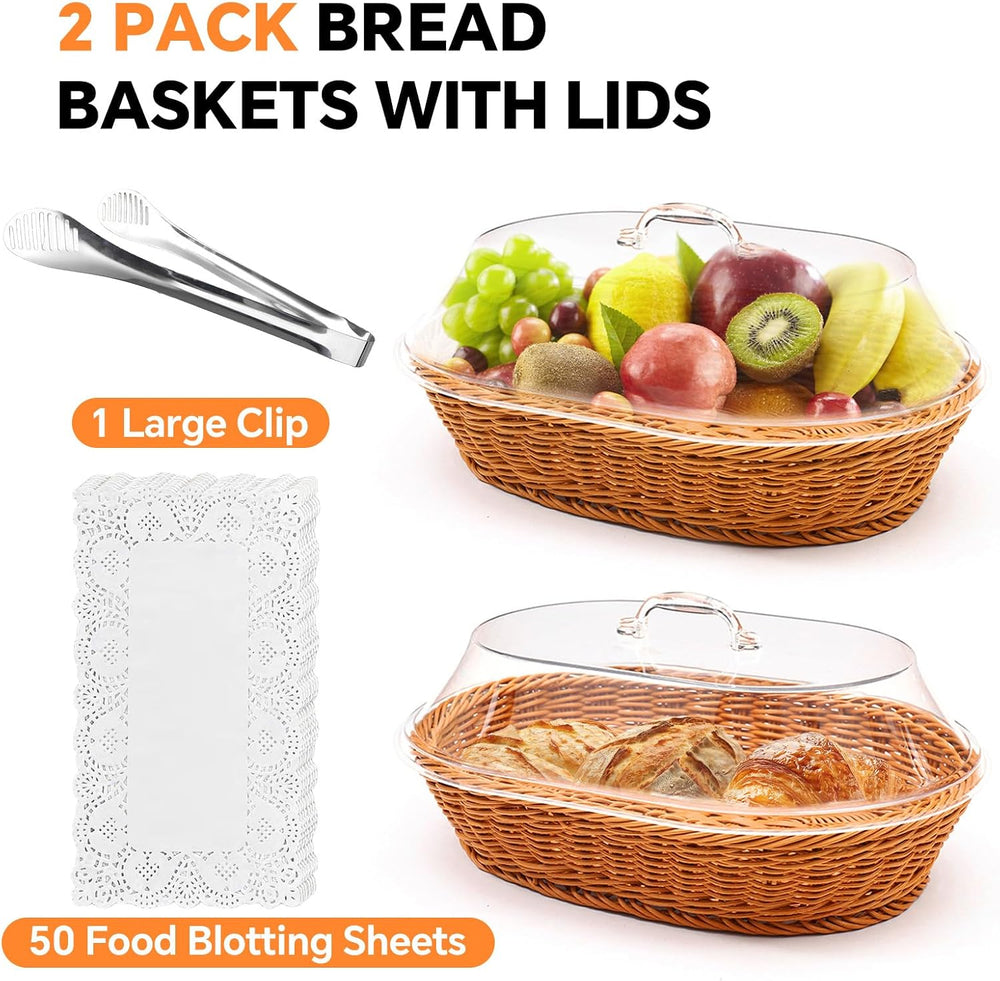 Rattan Bread Baskets, 2 Pack, Oval Woven Baskets with Acrylic Lids, 15.75 x 1...