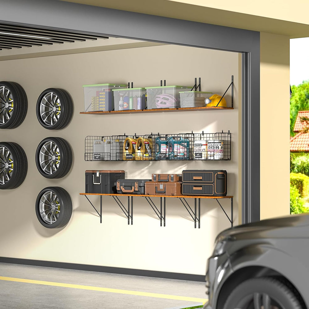 ThreeHio 2 Pack Garage Shelves Wall Mounted with Wire Storage baskets, Heavy ...